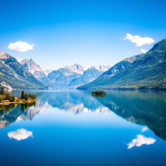 A scenic view of a tranquil lake surrounded by majestic mountains under a bright blue sky