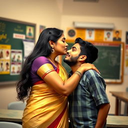 A romantic scene in an Indian classroom setting, featuring a female teacher with long black hair and curvy figure, wearing traditional Indian attire such as a saree, with an emphasis on her attractive features