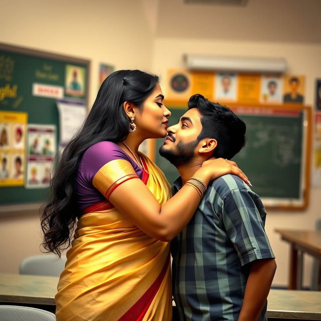 A romantic scene in an Indian classroom setting, featuring a female teacher with long black hair and curvy figure, wearing traditional Indian attire such as a saree, with an emphasis on her attractive features
