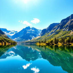 A scenic view of a tranquil lake surrounded by majestic mountains under a bright blue sky