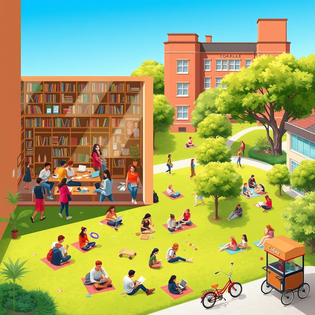 A vibrant scene depicting the bustling life of university students both inside and outside the campus