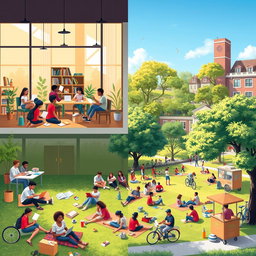 A vibrant scene depicting the bustling life of university students both inside and outside the campus