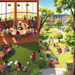 A vibrant scene depicting the bustling life of university students both inside and outside the campus
