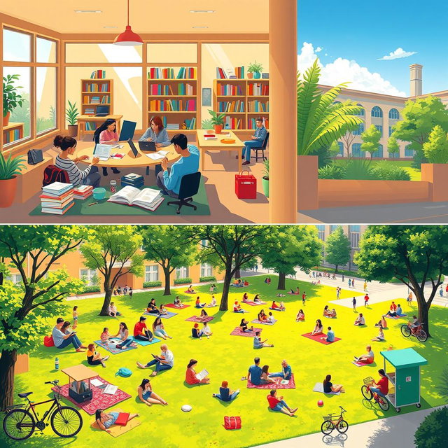 A vibrant scene depicting the bustling life of university students both inside and outside the campus