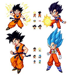 A complete sprite sheet featuring Goku and Vegeta in pixel art style, inspired by the aesthetics of Legendary Super Warriors but with unique elements
