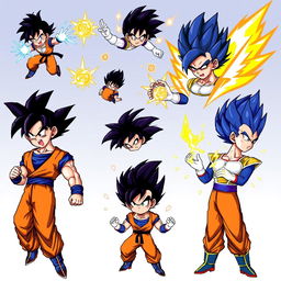 A complete sprite sheet featuring Goku and Vegeta in pixel art style, inspired by the aesthetics of Legendary Super Warriors but with unique elements