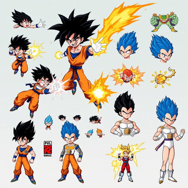 A complete sprite sheet featuring Goku and Vegeta in pixel art style, inspired by the aesthetics of Legendary Super Warriors but with unique elements