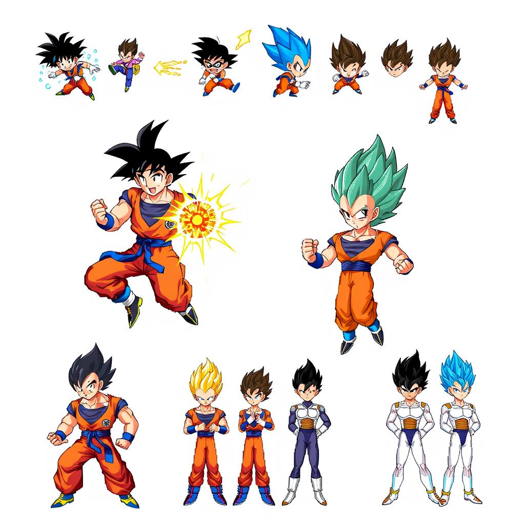 A complete sprite sheet featuring Goku and Vegeta in pixel art style, inspired by the aesthetics of Legendary Super Warriors but with unique elements