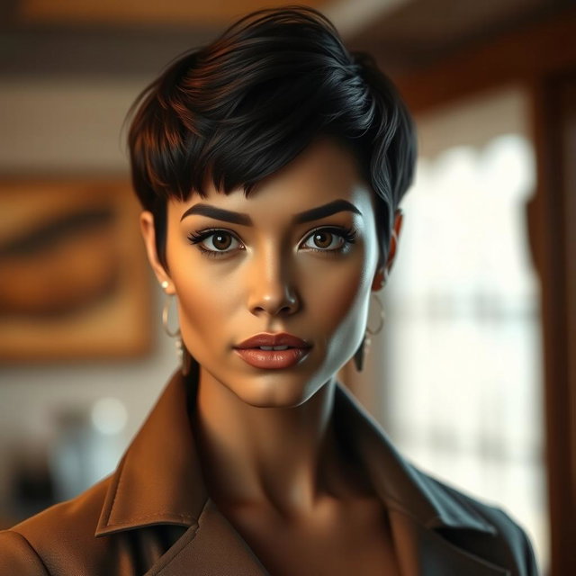 A woman with stylish short hair approximately shoulder-length, showcasing sharp and modern features