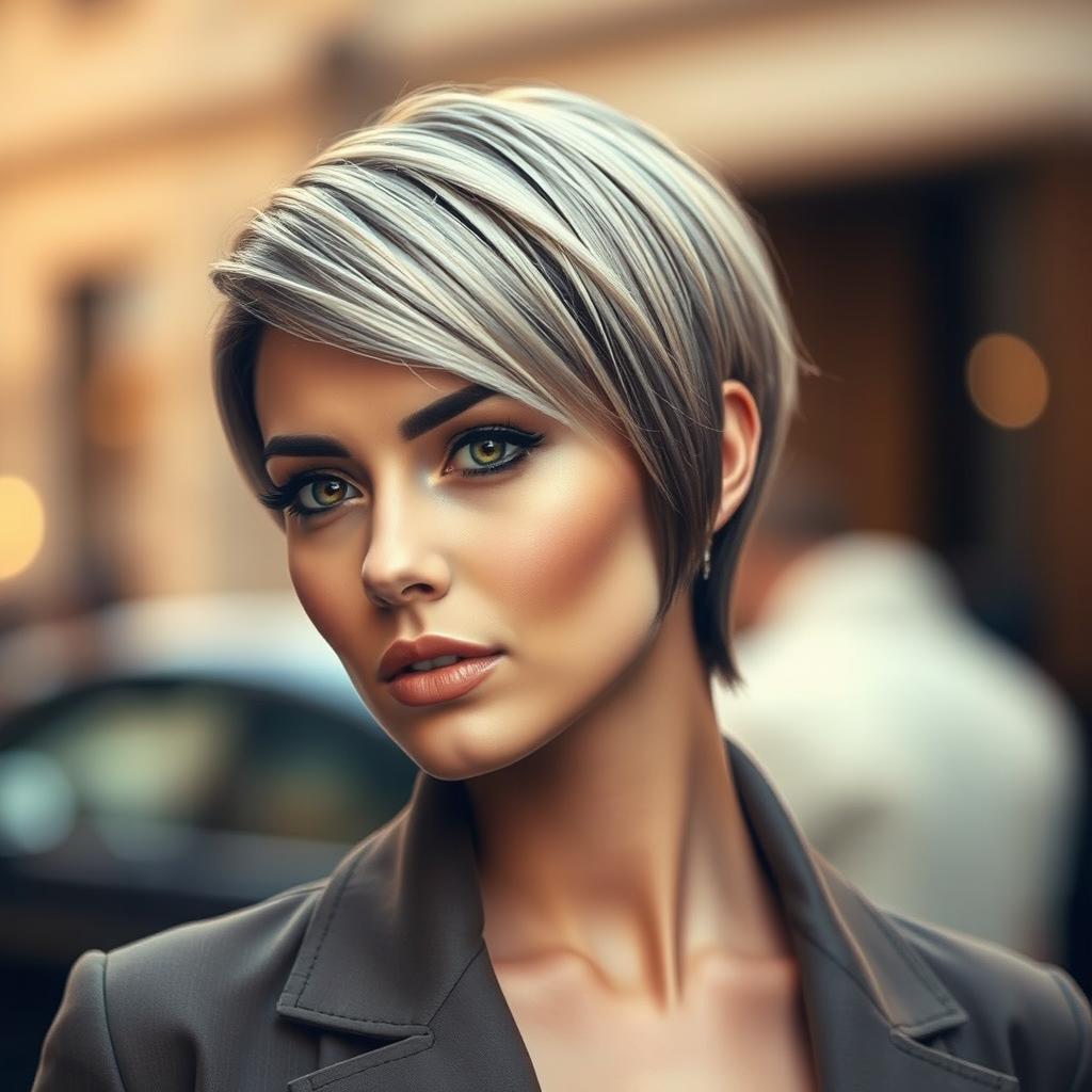 A woman with stylish short hair approximately shoulder-length, showcasing sharp and modern features