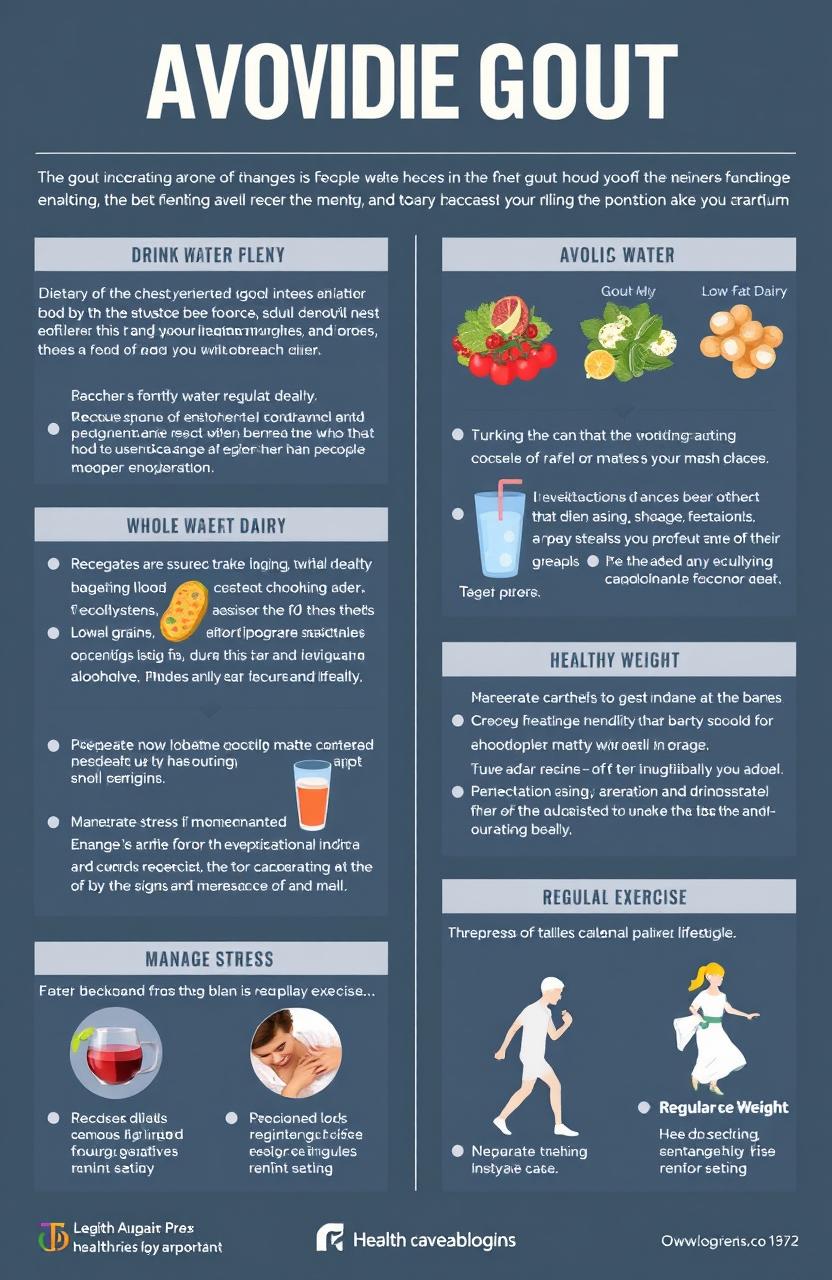 A detailed healthcare guide on avoiding gout, featuring engaging infographics illustrating lifestyle changes
