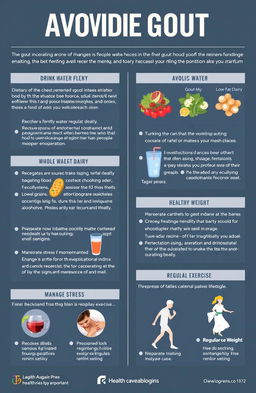 A detailed healthcare guide on avoiding gout, featuring engaging infographics illustrating lifestyle changes