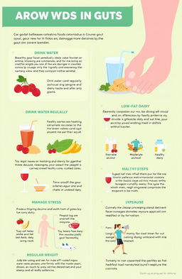 A detailed healthcare guide on avoiding gout, featuring engaging infographics illustrating lifestyle changes