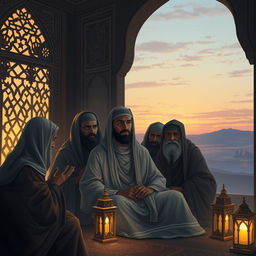 A somber and respectful scene depicting the final moments of Prophet Muhammad