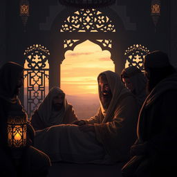 A somber and respectful scene depicting the final moments of Prophet Muhammad