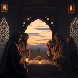 A somber and respectful scene depicting the final moments of Prophet Muhammad