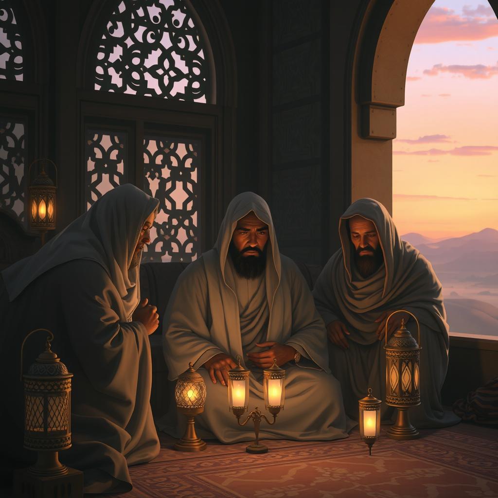 A somber and respectful scene depicting the final moments of Prophet Muhammad