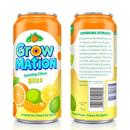 A vibrant, colorful 2D image of a soda can label for a fictional company named "Grow Mation"