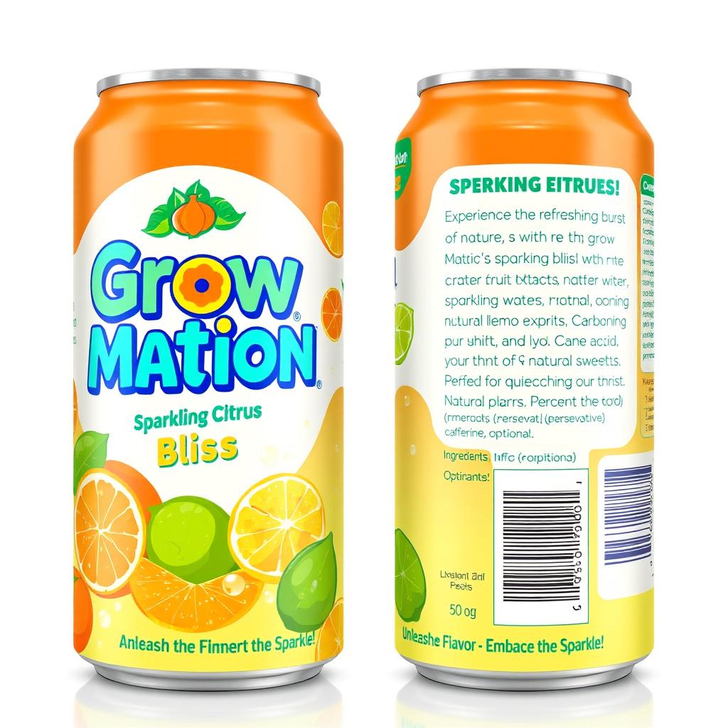 A vibrant, colorful 2D image of a soda can label for a fictional company named "Grow Mation"