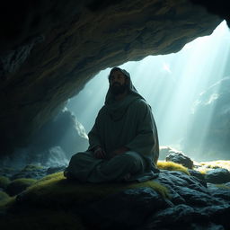 A serene and contemplative scene of a figure representing a prophet in a cave, surrounded by a tranquil atmosphere