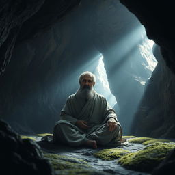 A serene and contemplative scene of a figure representing a prophet in a cave, surrounded by a tranquil atmosphere