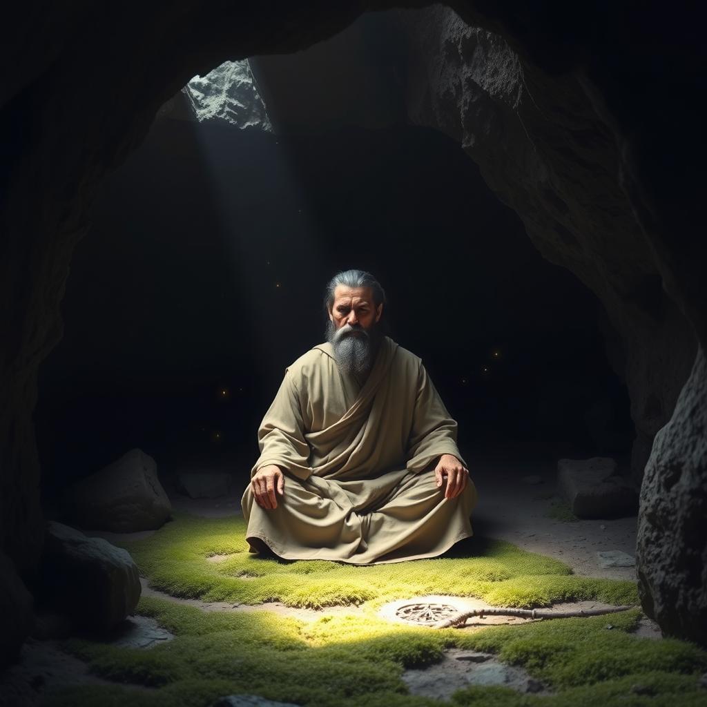 A serene and contemplative scene of a figure representing a prophet in a cave, surrounded by a tranquil atmosphere