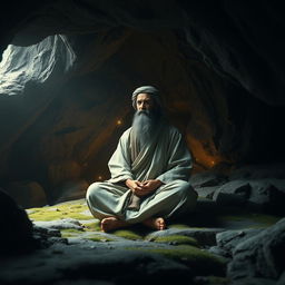 A serene and contemplative scene of a figure representing a prophet in a cave, surrounded by a tranquil atmosphere
