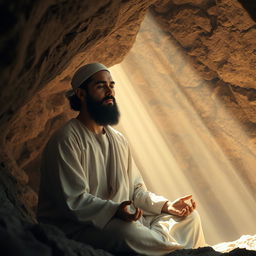 The Prophet Muhammad depicted in the serene setting of a cave, bathed in soft, ethereal light