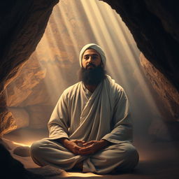 The Prophet Muhammad depicted in the serene setting of a cave, bathed in soft, ethereal light