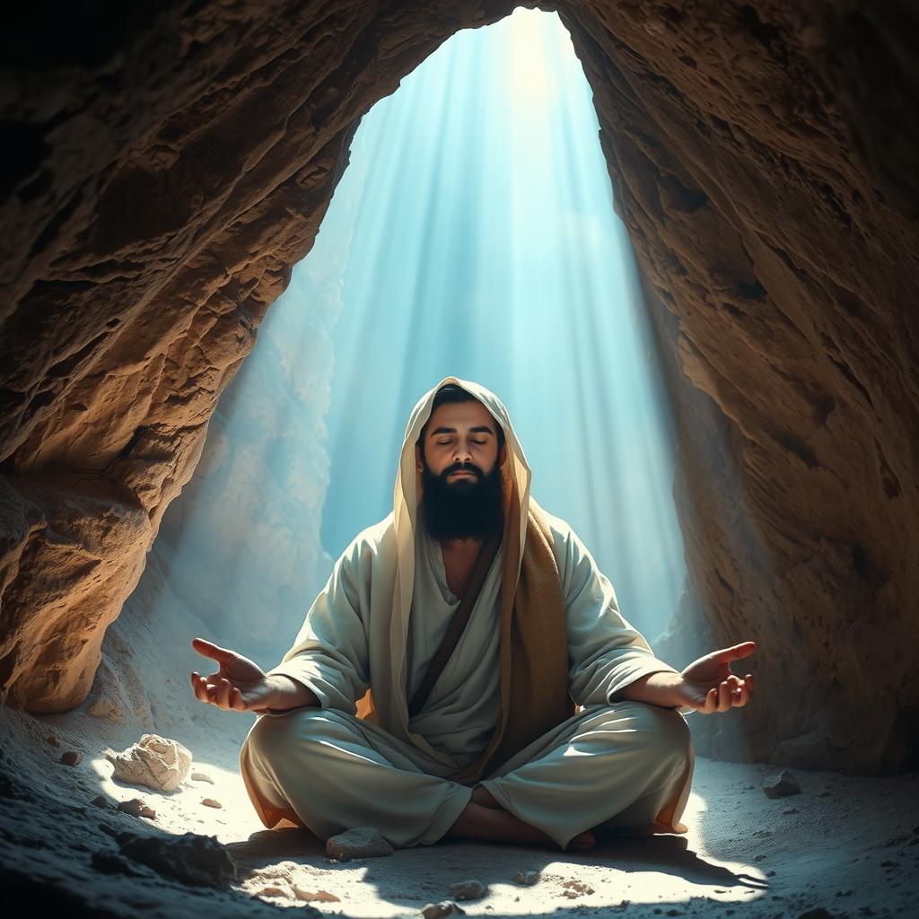 The Prophet Muhammad depicted in the serene setting of a cave, bathed in soft, ethereal light