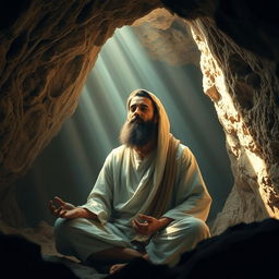 The Prophet Muhammad depicted in the serene setting of a cave, bathed in soft, ethereal light