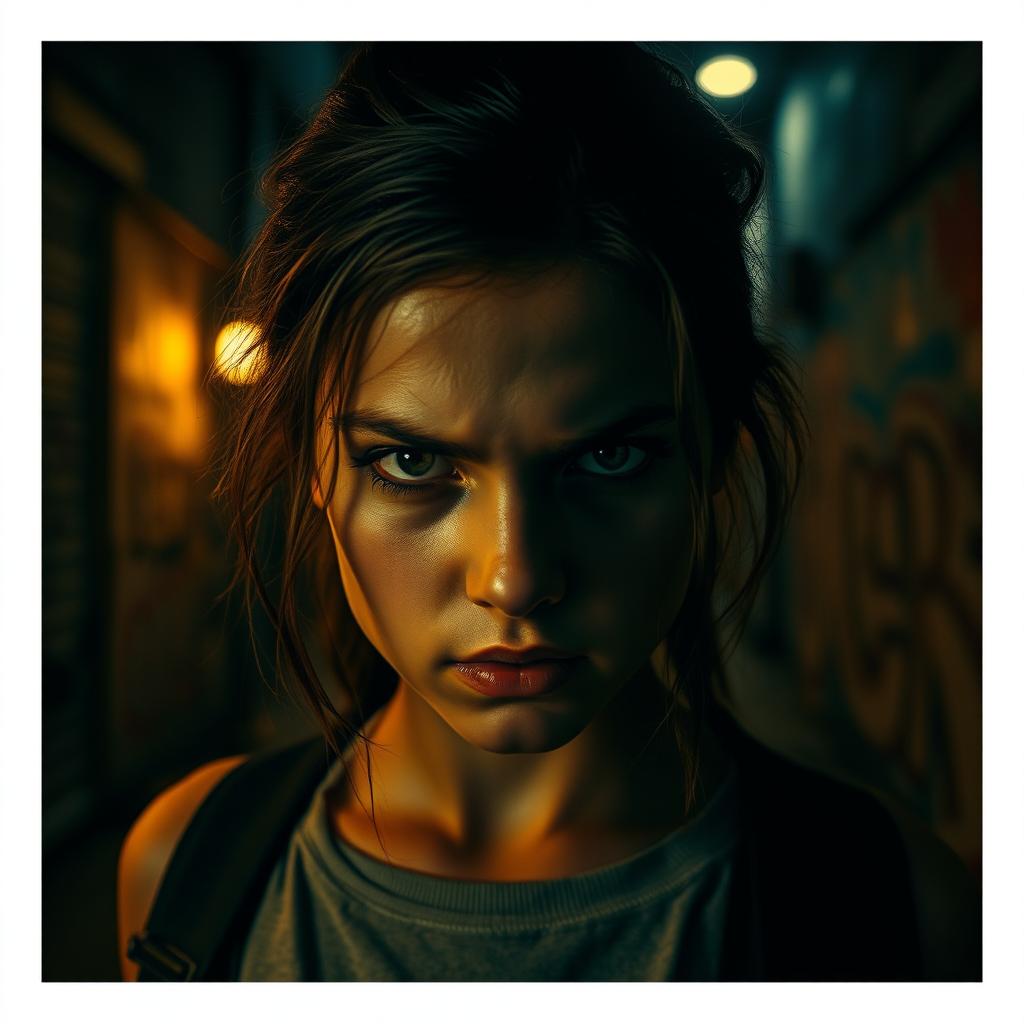 A striking image of a girl with an expressive face captured in a scene reminiscent of an intense moment from a Quentin Tarantino movie