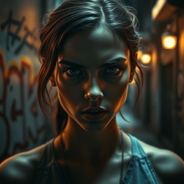 A striking image of a girl with an expressive face captured in a scene reminiscent of an intense moment from a Quentin Tarantino movie