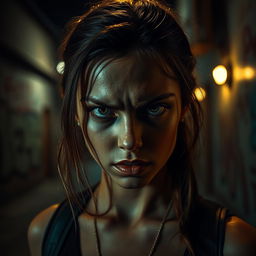 A striking image of a girl with an expressive face captured in a scene reminiscent of an intense moment from a Quentin Tarantino movie
