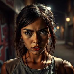 A striking image of a girl with an expressive face captured in a scene reminiscent of an intense moment from a Quentin Tarantino movie