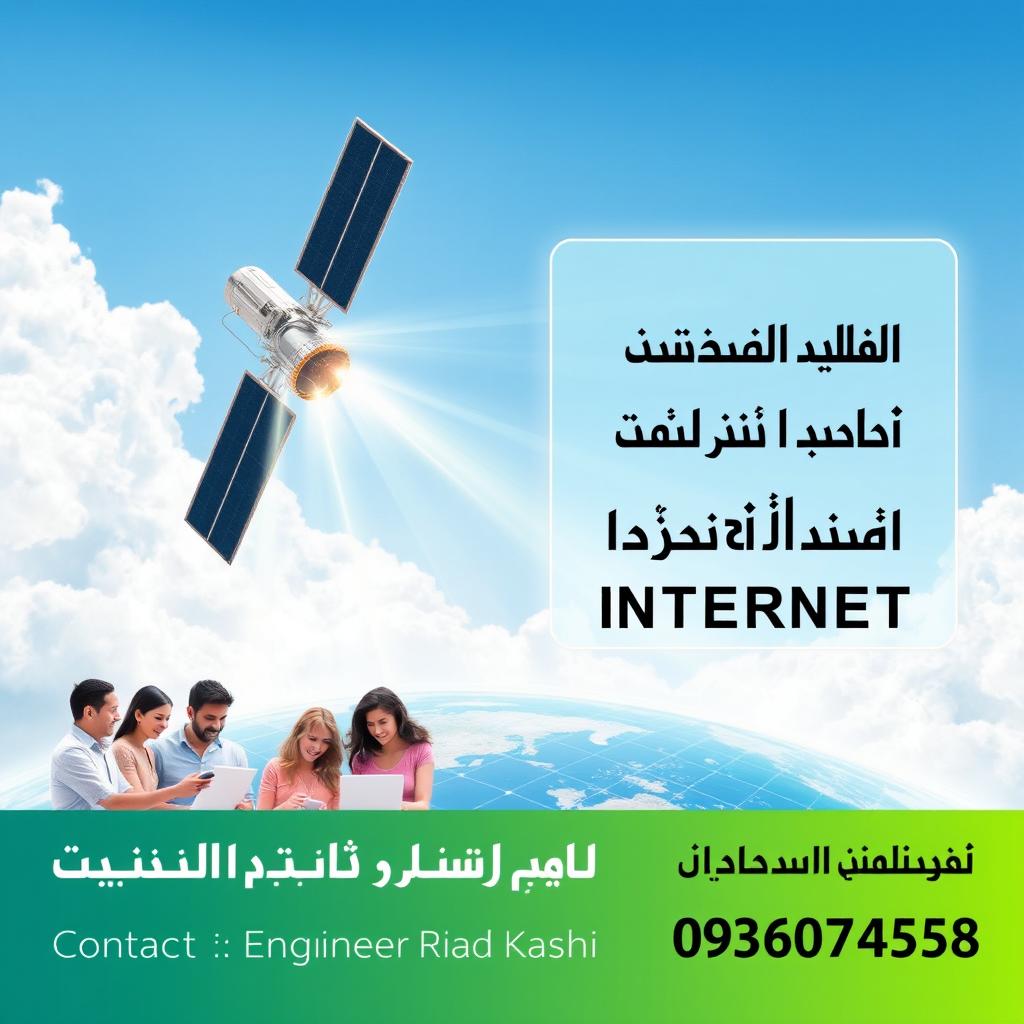 An engaging social media advertisement highlighting the benefits of satellite internet, showcasing a futuristic satellite orbiting the Earth, with bright beams of light representing fast internet connections radiating from the satellite to a diverse group of individuals happily using devices like laptops and smartphones