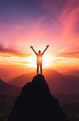 An inspiring scene depicting the silhouette of a person standing triumphantly atop a majestic mountain, arms raised in celebration under a vibrant sunset sky