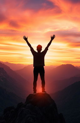 An inspiring scene depicting the silhouette of a person standing triumphantly atop a majestic mountain, arms raised in celebration under a vibrant sunset sky