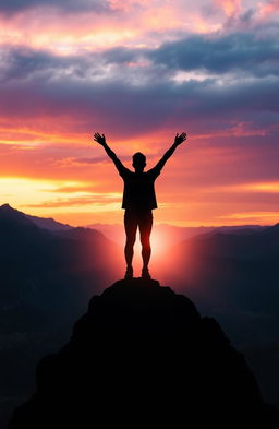 An inspiring scene depicting the silhouette of a person standing triumphantly atop a majestic mountain, arms raised in celebration under a vibrant sunset sky
