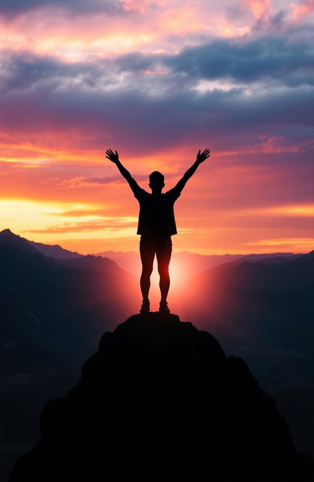 An inspiring scene depicting the silhouette of a person standing triumphantly atop a majestic mountain, arms raised in celebration under a vibrant sunset sky