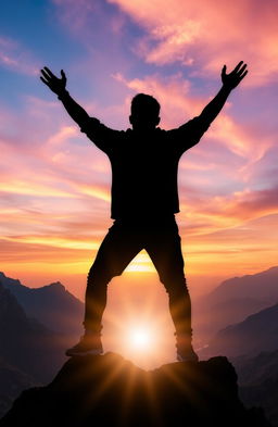 An inspiring scene depicting the silhouette of a person standing triumphantly atop a majestic mountain, arms raised in celebration under a vibrant sunset sky