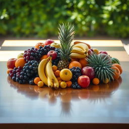 A beautifully arranged display of assorted colorful fruits such as apples, bananas, oranges, grapes, and pineapples on a wooden table, illuminated by soft natural light