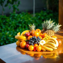 A beautifully arranged display of assorted colorful fruits such as apples, bananas, oranges, grapes, and pineapples on a wooden table, illuminated by soft natural light