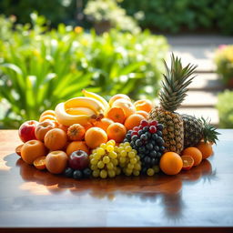 A beautifully arranged display of assorted colorful fruits such as apples, bananas, oranges, grapes, and pineapples on a wooden table, illuminated by soft natural light