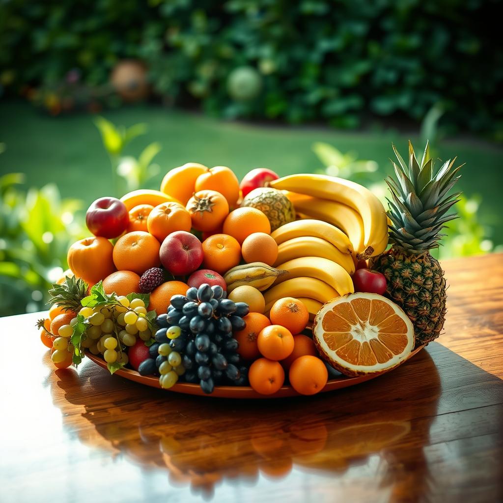 A beautifully arranged display of assorted colorful fruits such as apples, bananas, oranges, grapes, and pineapples on a wooden table, illuminated by soft natural light