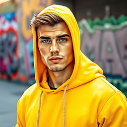 A young man wearing a vibrant yellow hoodie, standing confidently in an urban setting