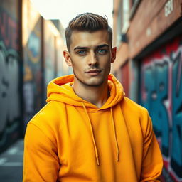 A young man wearing a vibrant yellow hoodie, standing confidently in an urban setting