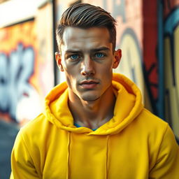 A young man wearing a vibrant yellow hoodie, standing confidently in an urban setting