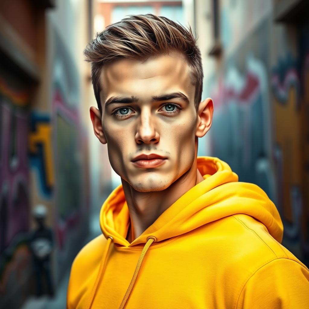 A young man wearing a vibrant yellow hoodie, standing confidently in an urban setting