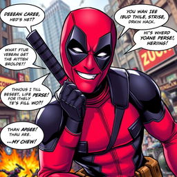 A dynamic and vibrant image of Deadpool, the iconic comic book antihero, in his signature red and black costume, humorously posing with a mischievous grin